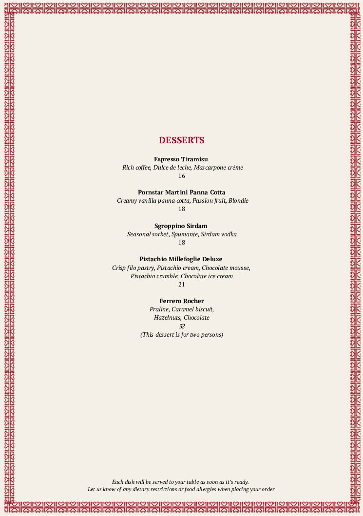 Desserts menu
