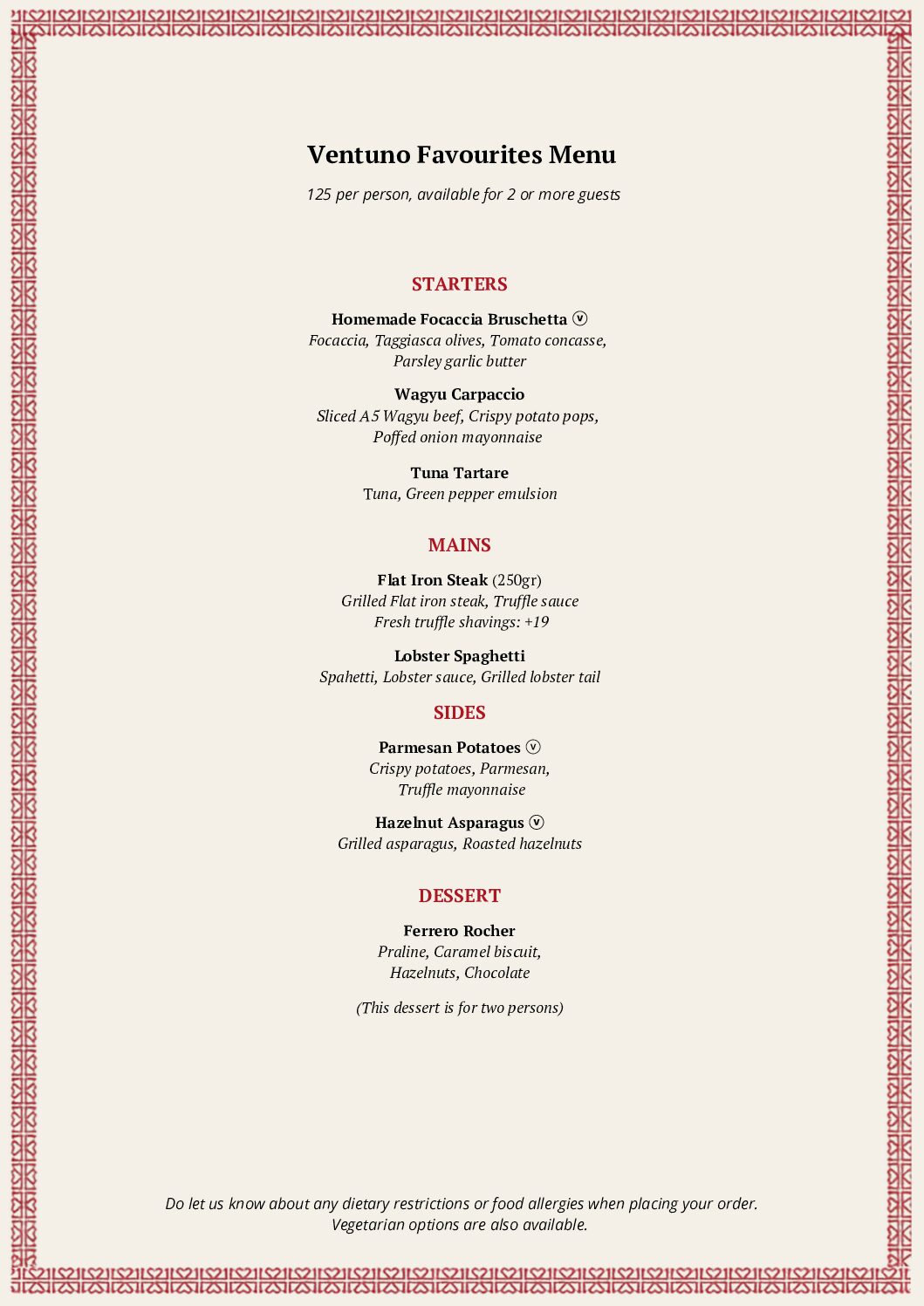 Ventuno Favourites Menu