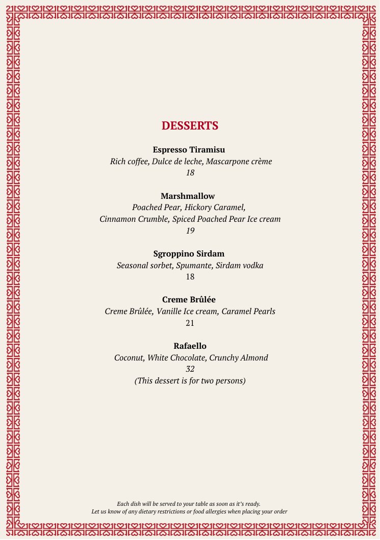 Desserts menu