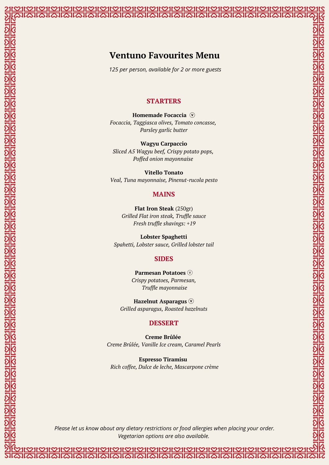 Ventuno Favourites Menu