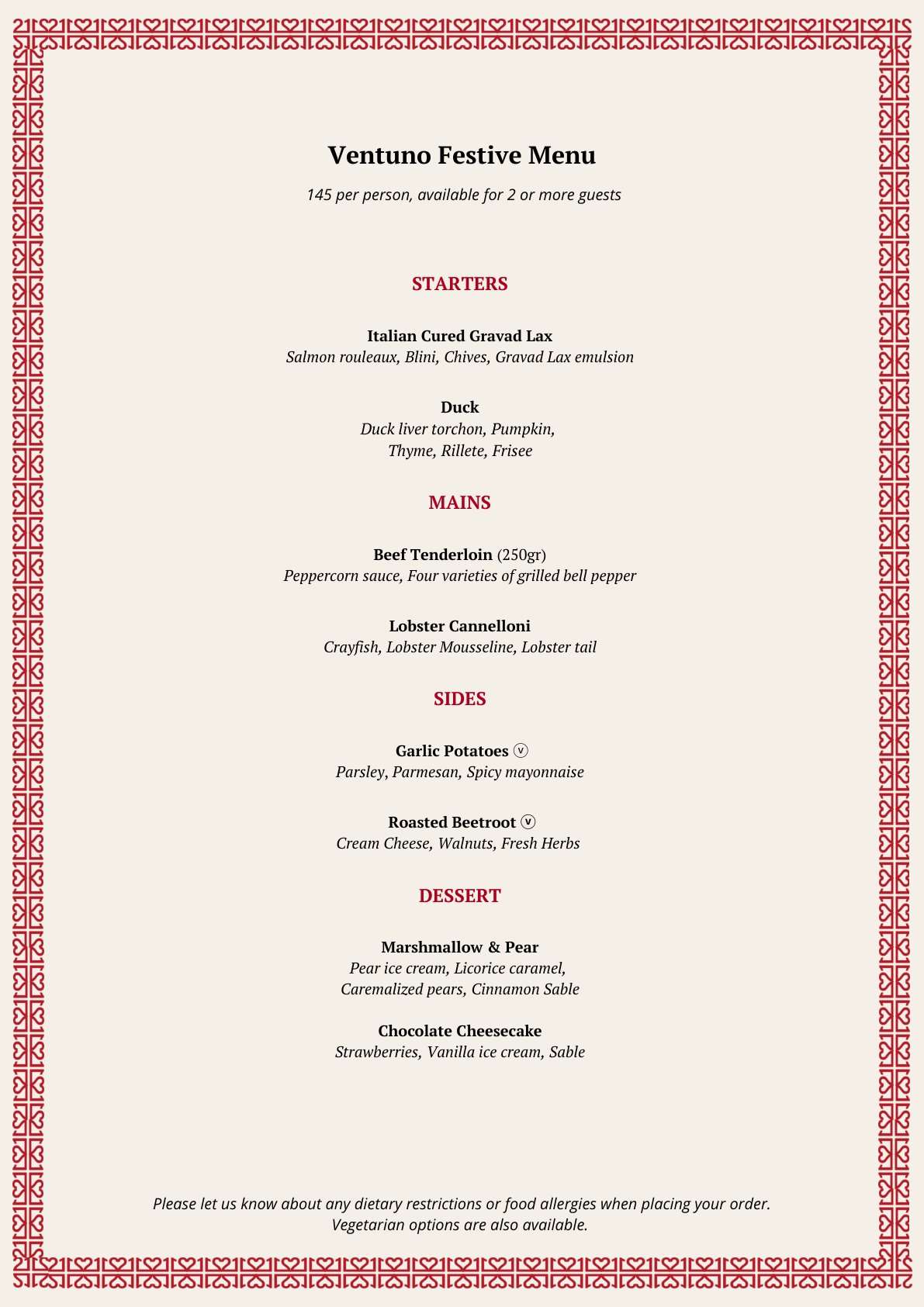 Ventuno Festive Menu